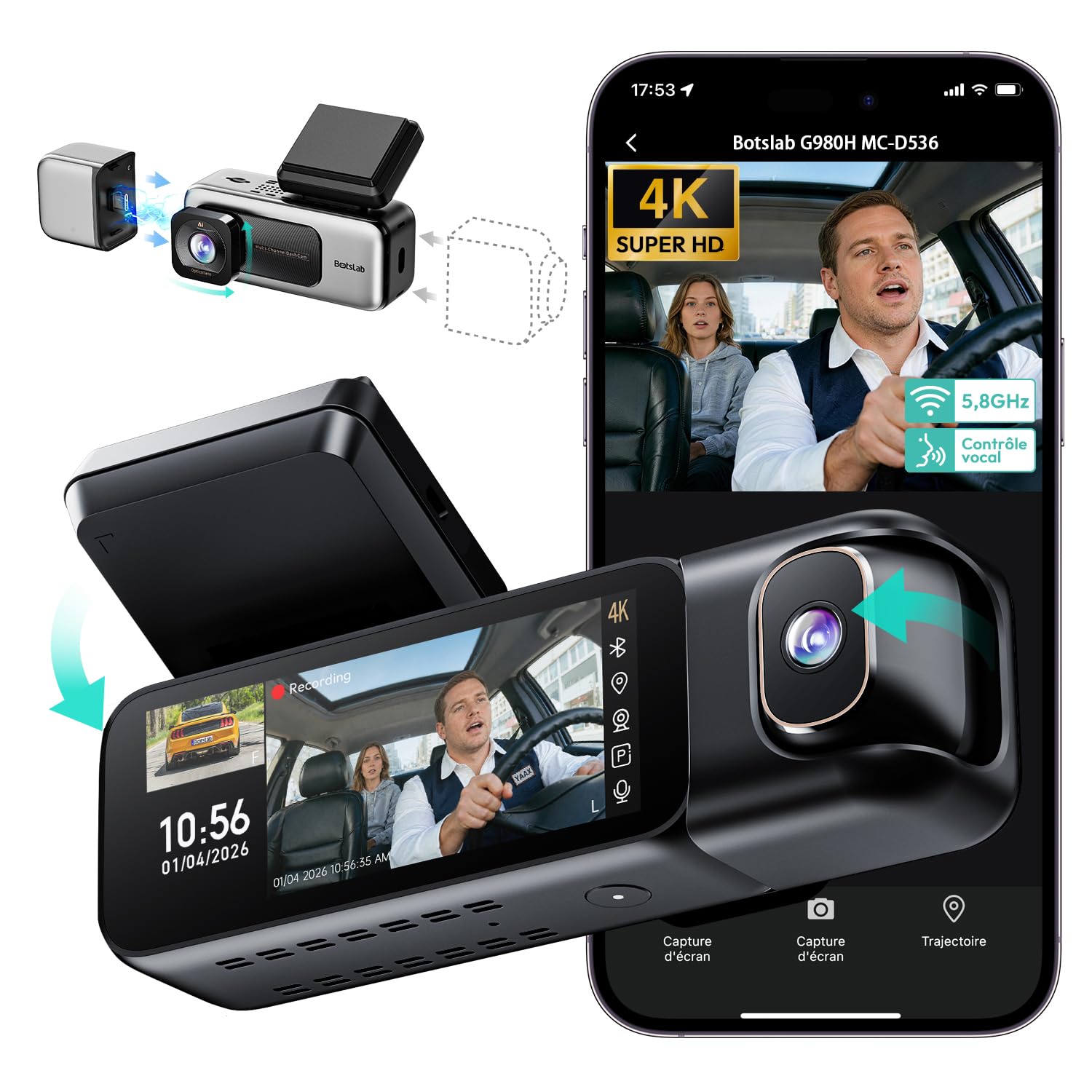BOTSLAB Dashcam Voiture Avant Intérieur, Caméra Voiture 4K+1080P avec Écran Tactile IPS 3,18", Super Vision Nocturne, Commande Vocale, Wi-Fi 5,8 GHz, GPS, Surveillance de Stationnement 24/7, Capteur G