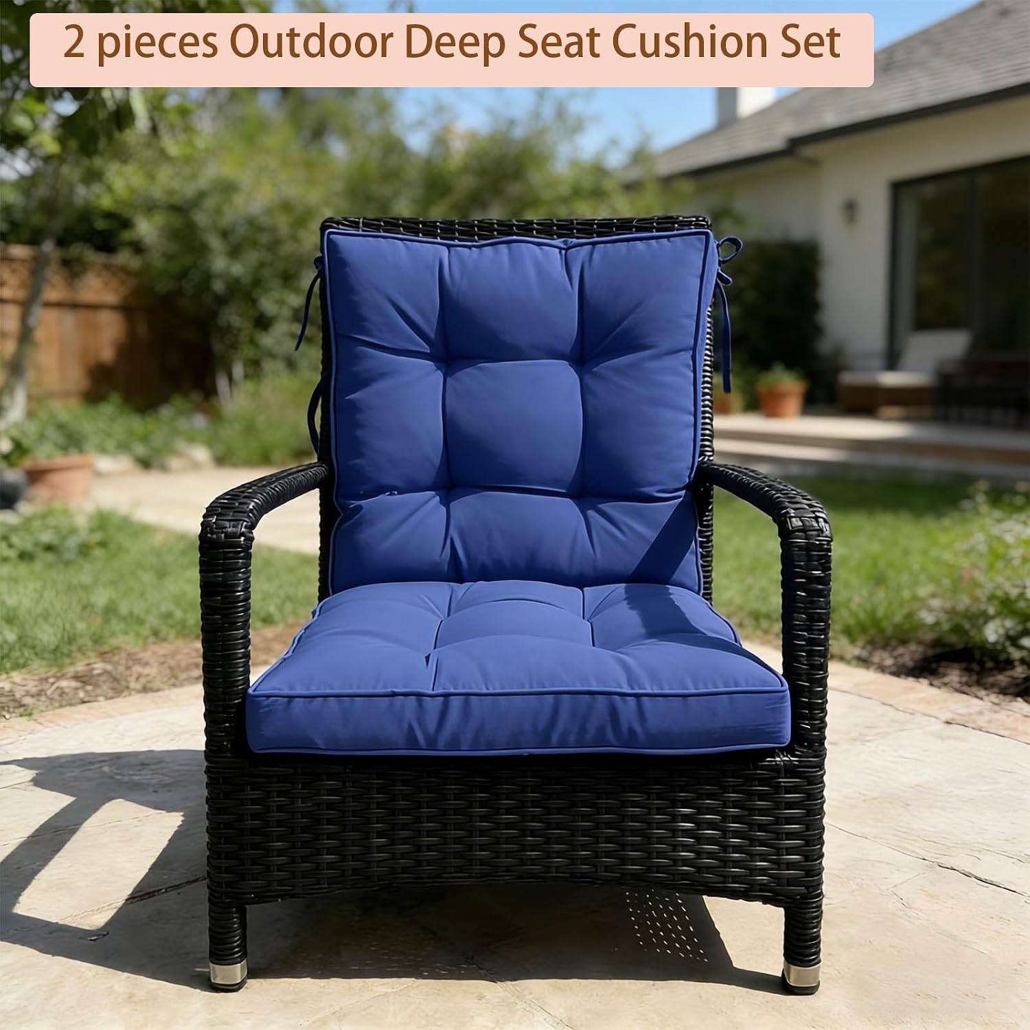 2 Piece Outdoor Patio Chair Cushions, Fade Resistant Outdoor Cushions for Patio Furniture, 6 inch Thickened Rocking Chair Cushions Set (Blue, 24x24x6 inch - 2 Pieces)