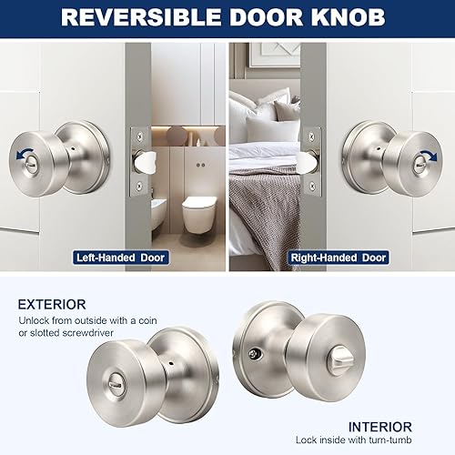 Miniatura 4 de Orger 1 paquete de pomos interiores de níquel satinado, perilla reversible de privacidad con cerradura, pomo redondo sin llave para baño y