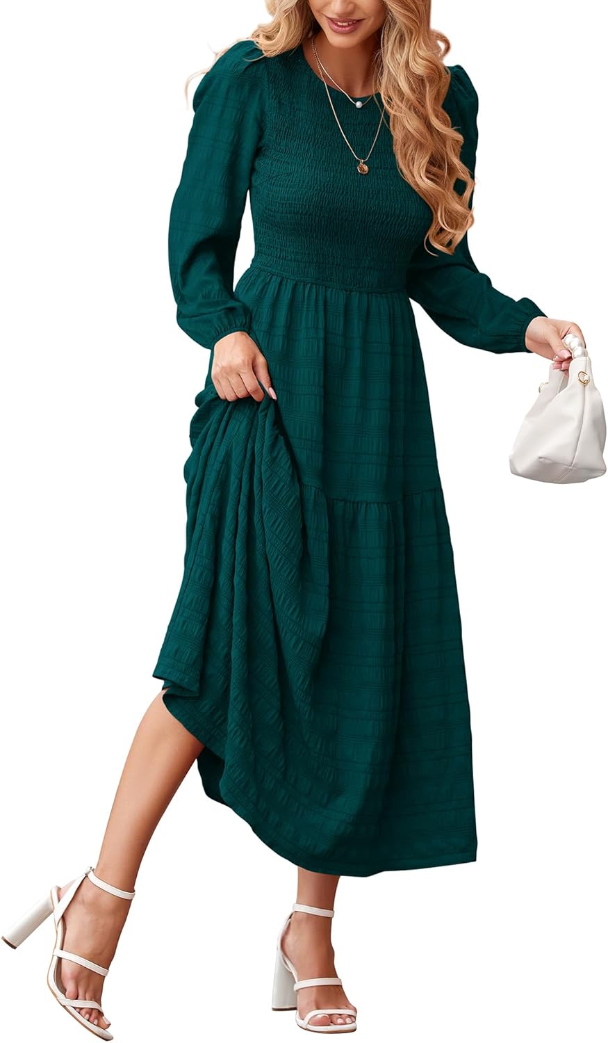 dowerme Women's Dresses 2025 Fall Puff Long Sleeve Crewneck Smocked Tiered Flowy A-Line Boho Wedding Party Maxi Dress
