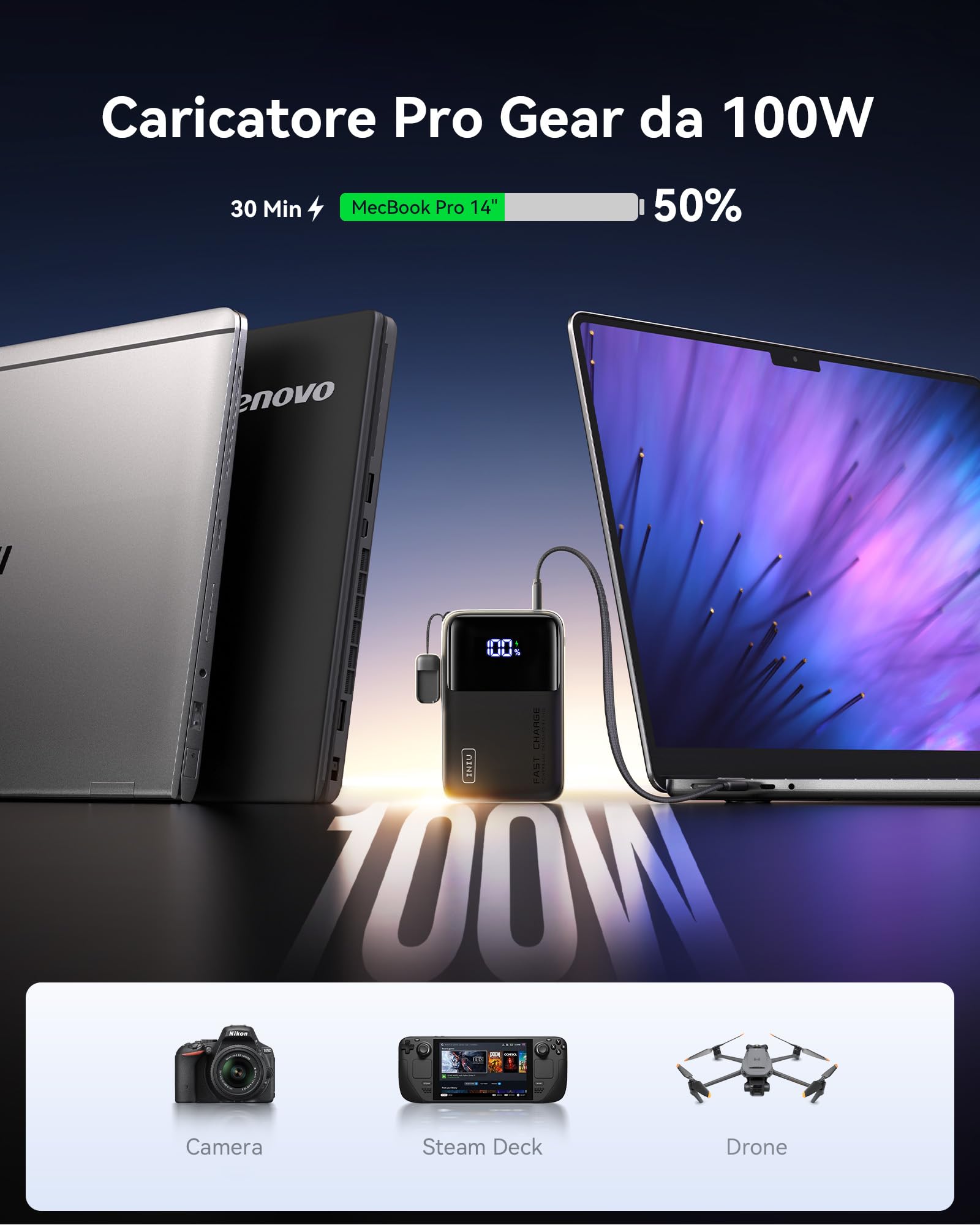 INIU Power Bank, 25000mAh 100W Powerbank Ricarica Rapida,Display LED USB C Input & Output Caricatore Portatile PD3.0 QC4.0 Powerbank per MacBook iPhone 16 15 14 13 12 Pro Max Samsung S24 S23 iPad etc