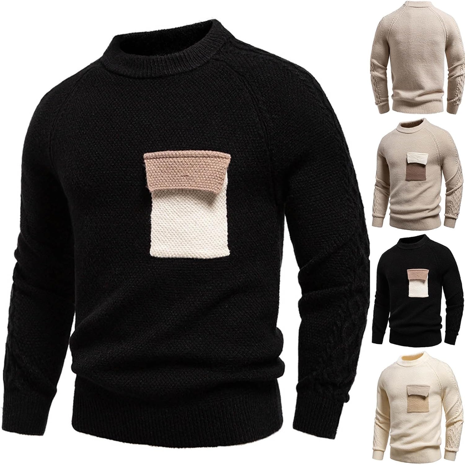 Cambkatl Stylish Patchwork Sweaters for Men Pullover Crewneck Knitted Stretch Casual Long Sleeve Sweater Tops