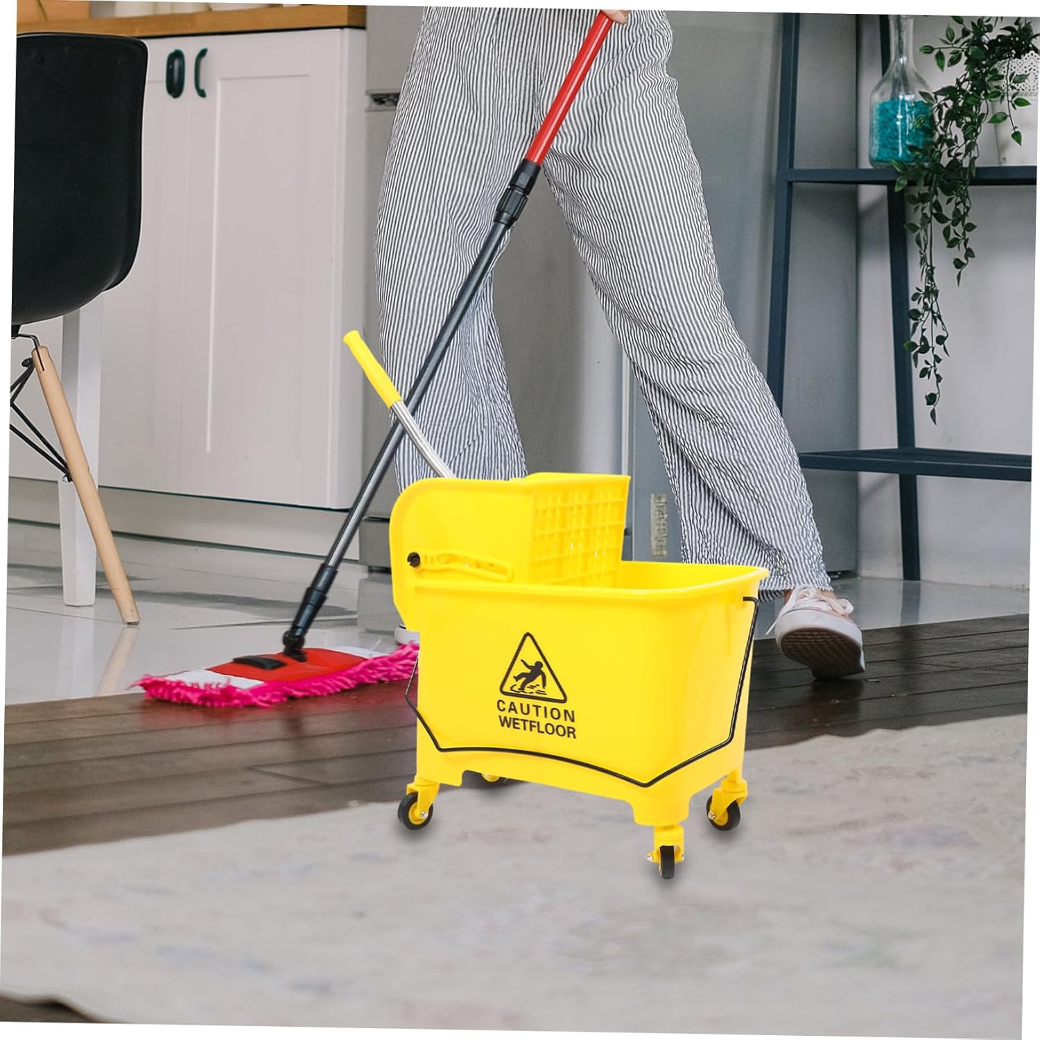 Commercial Mop Bucket with Side Durable Plastic Construction for Safety and Visibility for Cleaning and Mopping Tasks