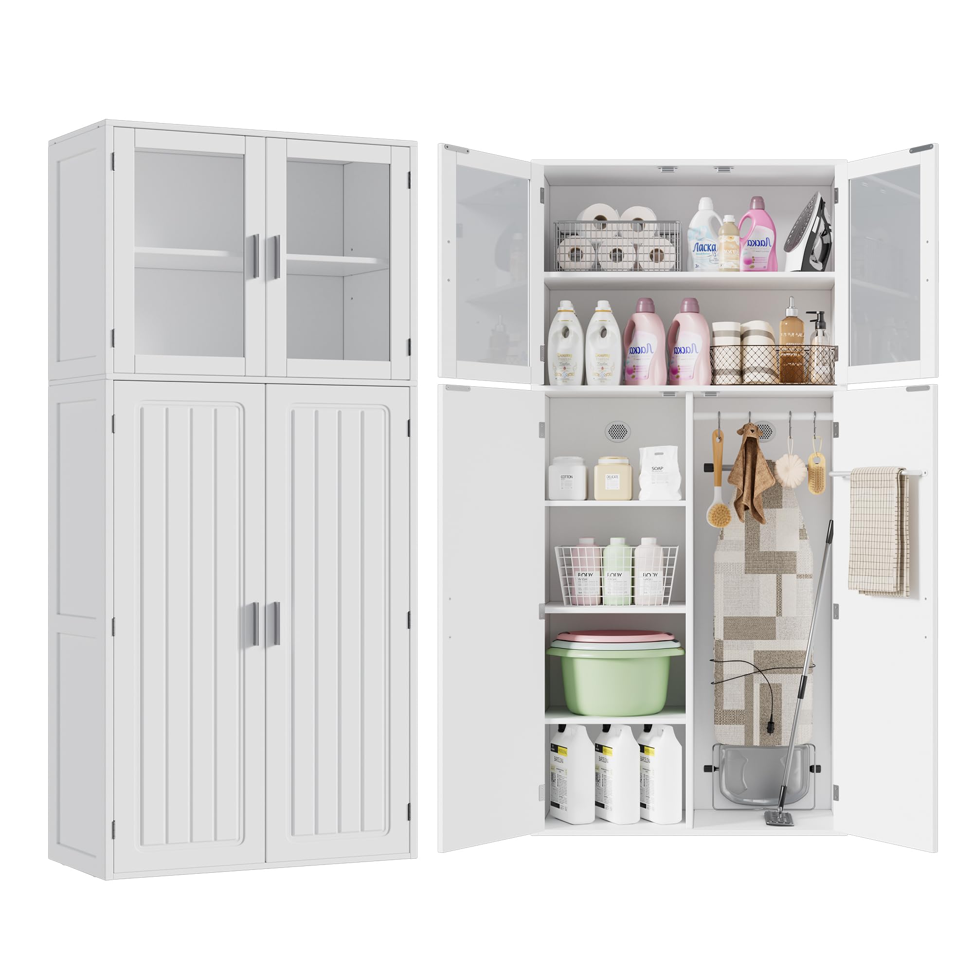 Armario Escobero Multiusos,180 x 70 x 30cm Armario Limpieza con 1 Estante ajustable,Armarios para Aspiradora de Madera,Armarios para el Hogar con Ventana de Acrílico,para cocina,salón,comedor y garaj