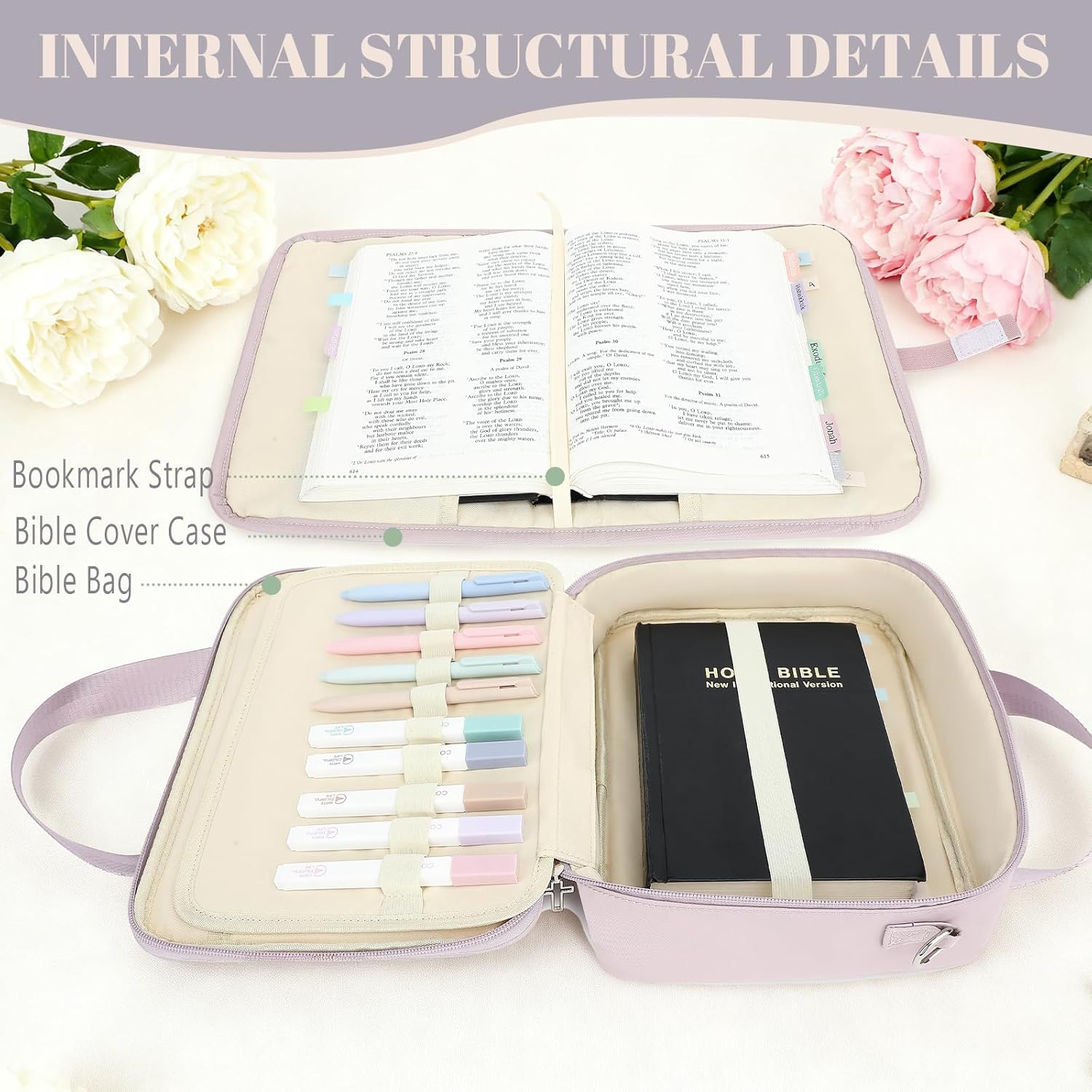 Bible Cover Case for Women, Large Bible Bag with Strap Shoulder,Journaling Kit Book Carrying Case with Pastel Highlighters Tabs, Bible Study Supplies & Christian Gift for Gilrs (Purple) - Image 2