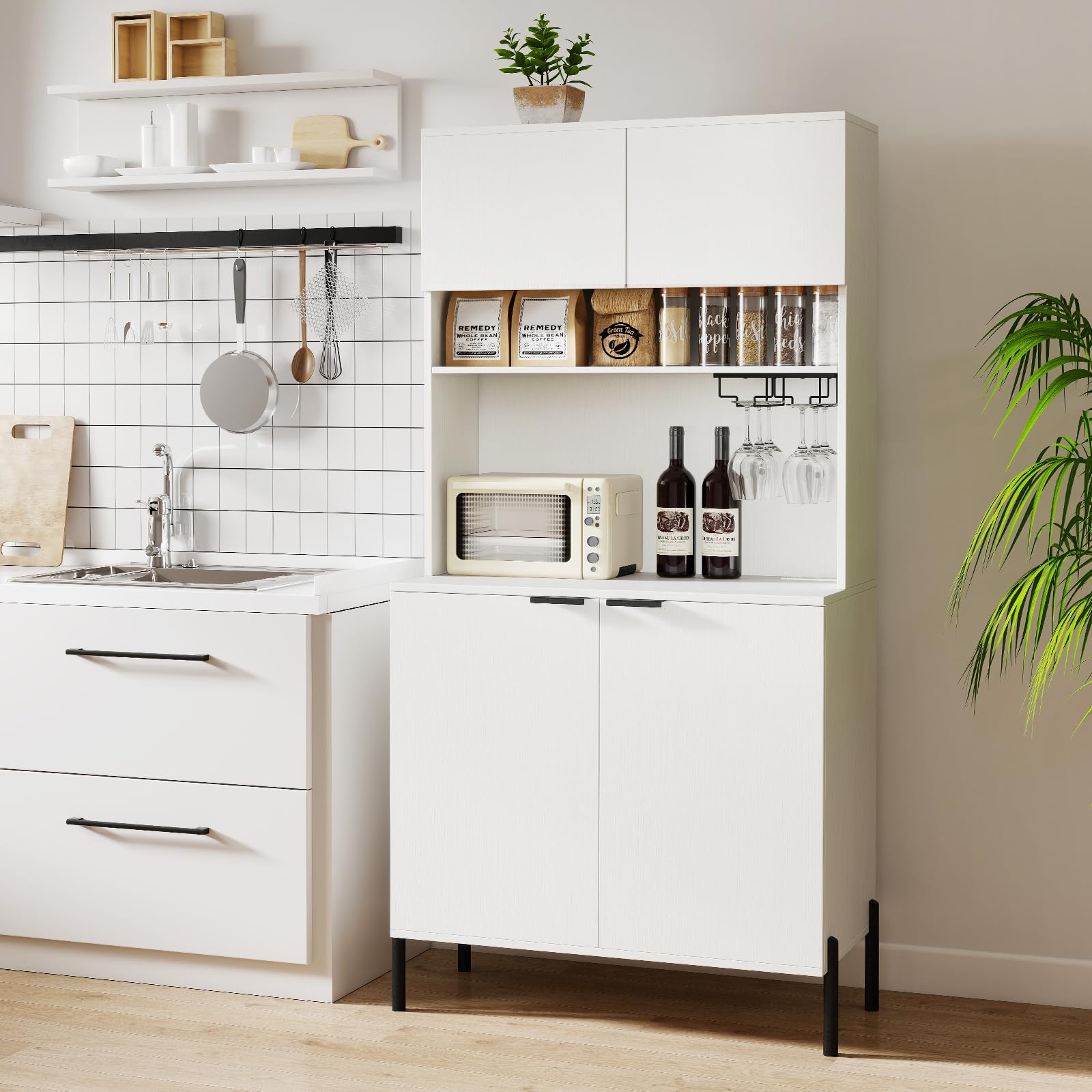 GOPLUS Armario Despensa de Cocina, 164 cm Alacena de Almacenamiento con Enchufes, Botelleros, Puertas y Estantes Ajustables, Aparador Buffet Independiente para Comedor Sala de Estar Cafetería (Blanco)