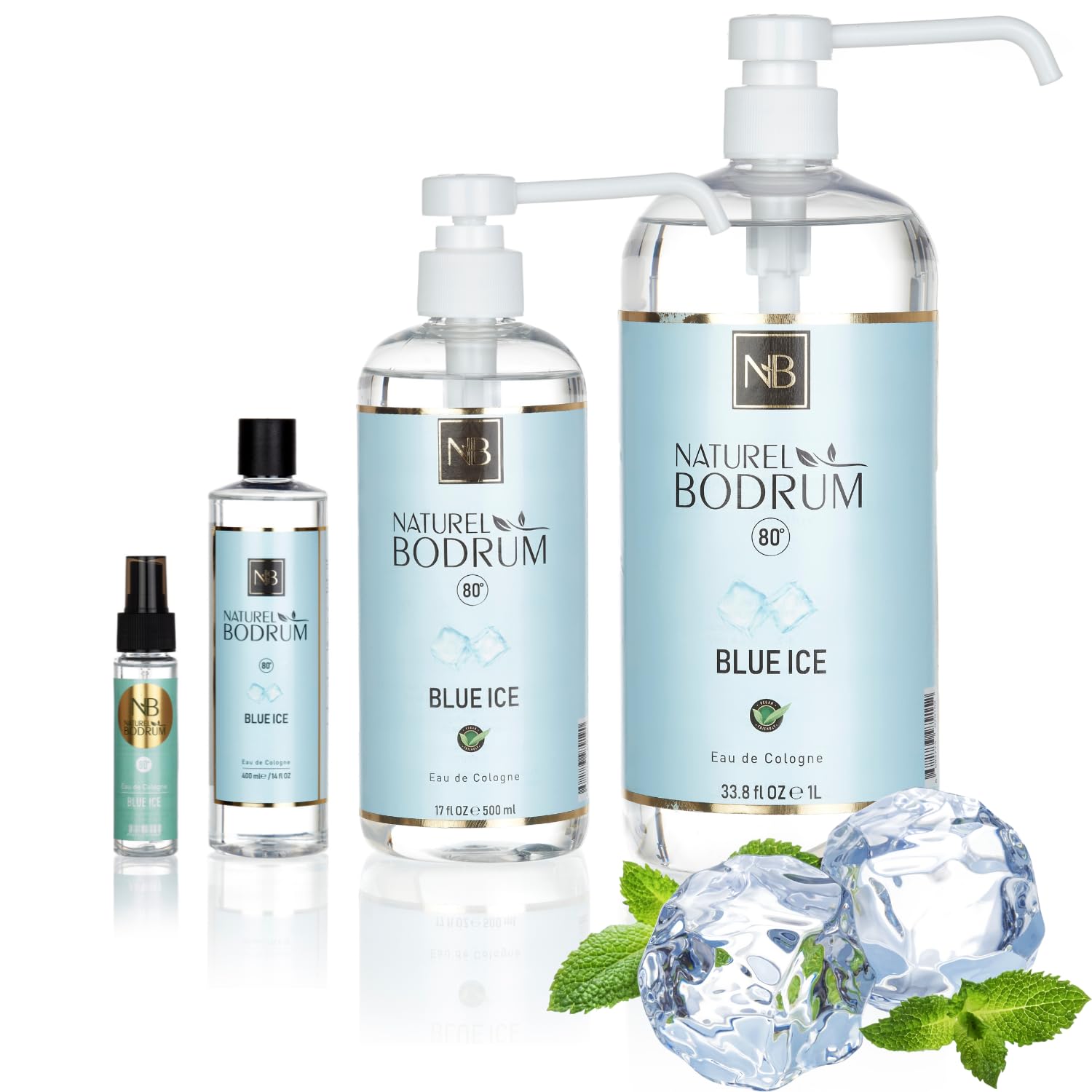 Blue Ice Summer Cologne for Men Set of 60ml 400ml 500ml 1L - Vegan Natural Refreshing Scent Cool