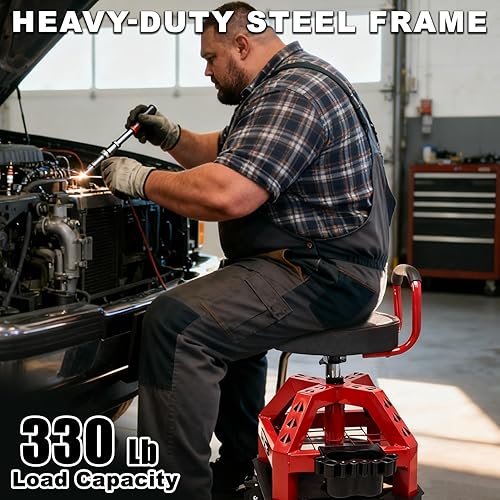 Miniatura 7 de Taburete de Taller Rodante con Ruedas, Taburete de Mecánico de Trabajo de Garaje Resistente con Respaldo, Altura Ajustable Silla Giratoria de 360