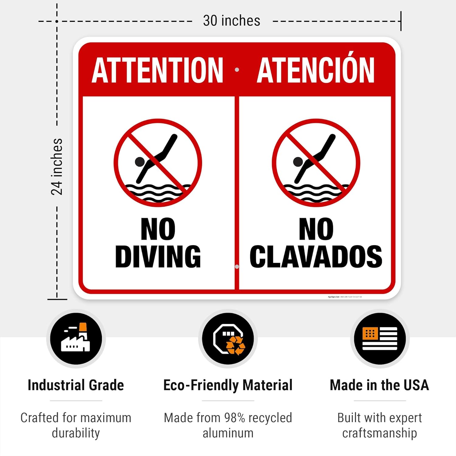 No Diving Pool Sign, Bilingual English Spanish, 24x30 Inches, 55 mil Thick HDPS (high Density polystyrene), Made in USA
