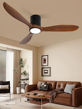 VACILL Wood Flush Mount Ceiling Fan with Light and Remote, 52 inch Low Profile Wooden Fan with 3 Blades, 6 Speed, LED Dimmable, Reversible DC Motor Dark Brown, Wood