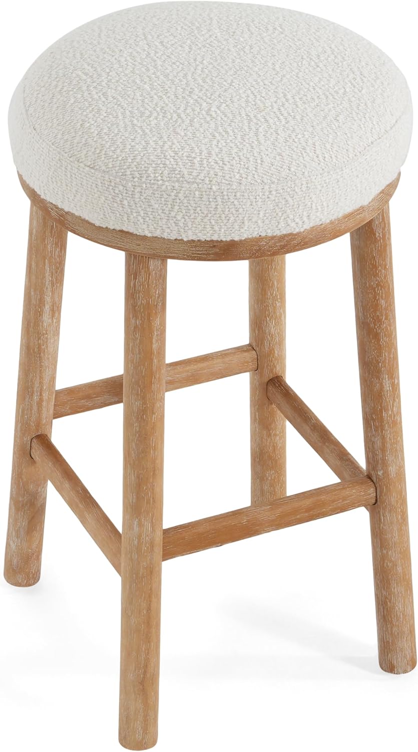 Christopher Knight Home Aubrie Counter Height Bar Stools Set of 2, Boucle Fabric Round Bar Stool for Kitchen Island, Wooden Backless Dining Room Chair, Counter Stool with Footrest, Natural+Milky White