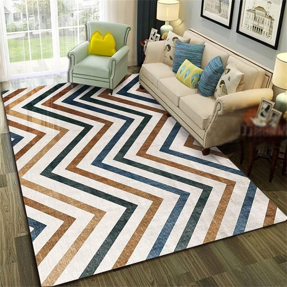 Tapis salon 200x250cm bleu aux lignes géométriques modernes