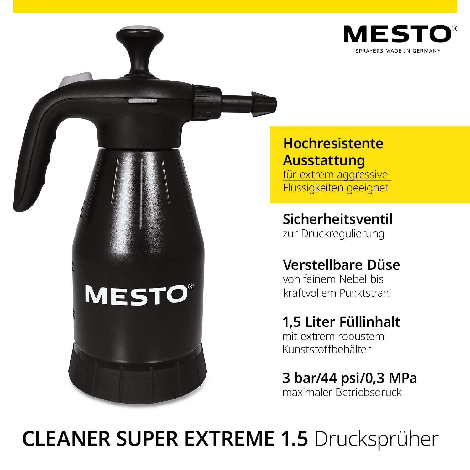 MESTO Cleaner Super Extreme 1.5 Pulverizador de presión 1,5L | Pulverizador para Productos de Limpieza | Pulverizador de Bomba | Pulverizador de presión para automoción e Industria