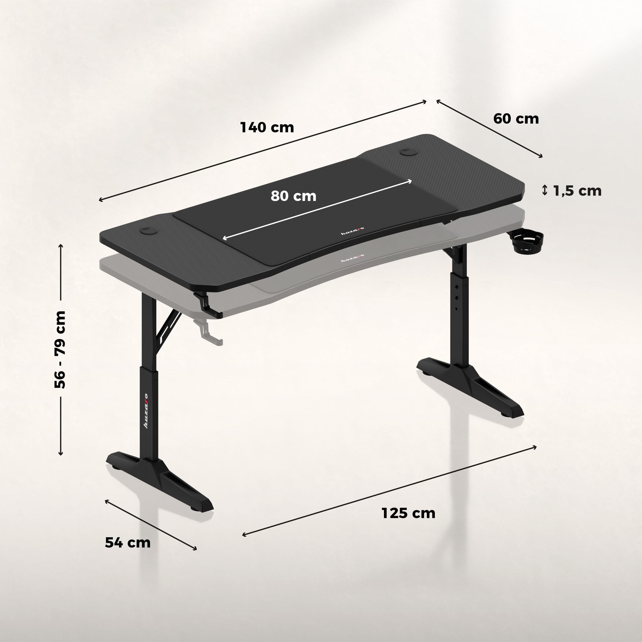 huzaro Hero 3.6 biurko gamingowe, regulowane w wysokości, biurko LED do PC 140×60 cm z powierzchnią z włókna węglowego, XXL podkładka pod mysz, zaczep na słuchawki i uchwyt na napoje, biurko dla