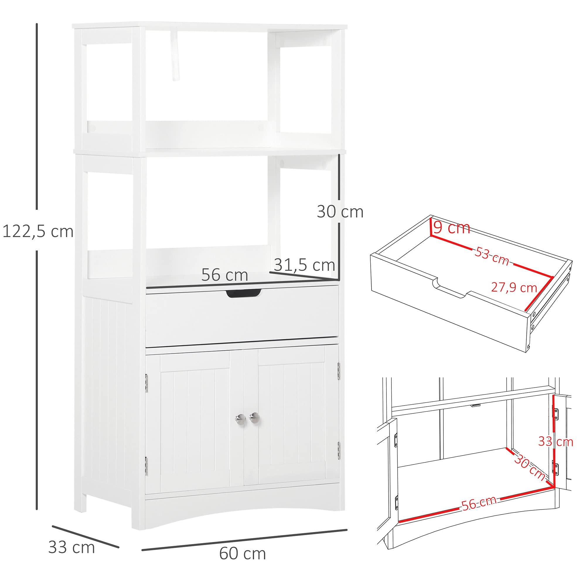 kleankin Armario de Baño con 3 Estantes y Cajón 60x33x122,5 cm Blanco | 2 Puertas, Mueble de Almacenamiento de Suelo, Moderno, para Cocina Dormitorio Salón