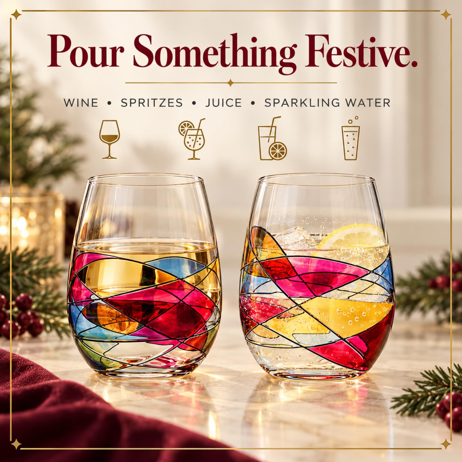 Hand Painted Wine Glasses - Renaissance Gift Set -3 Hand Painted Wine Glasses - Renaissance Gift Set -3