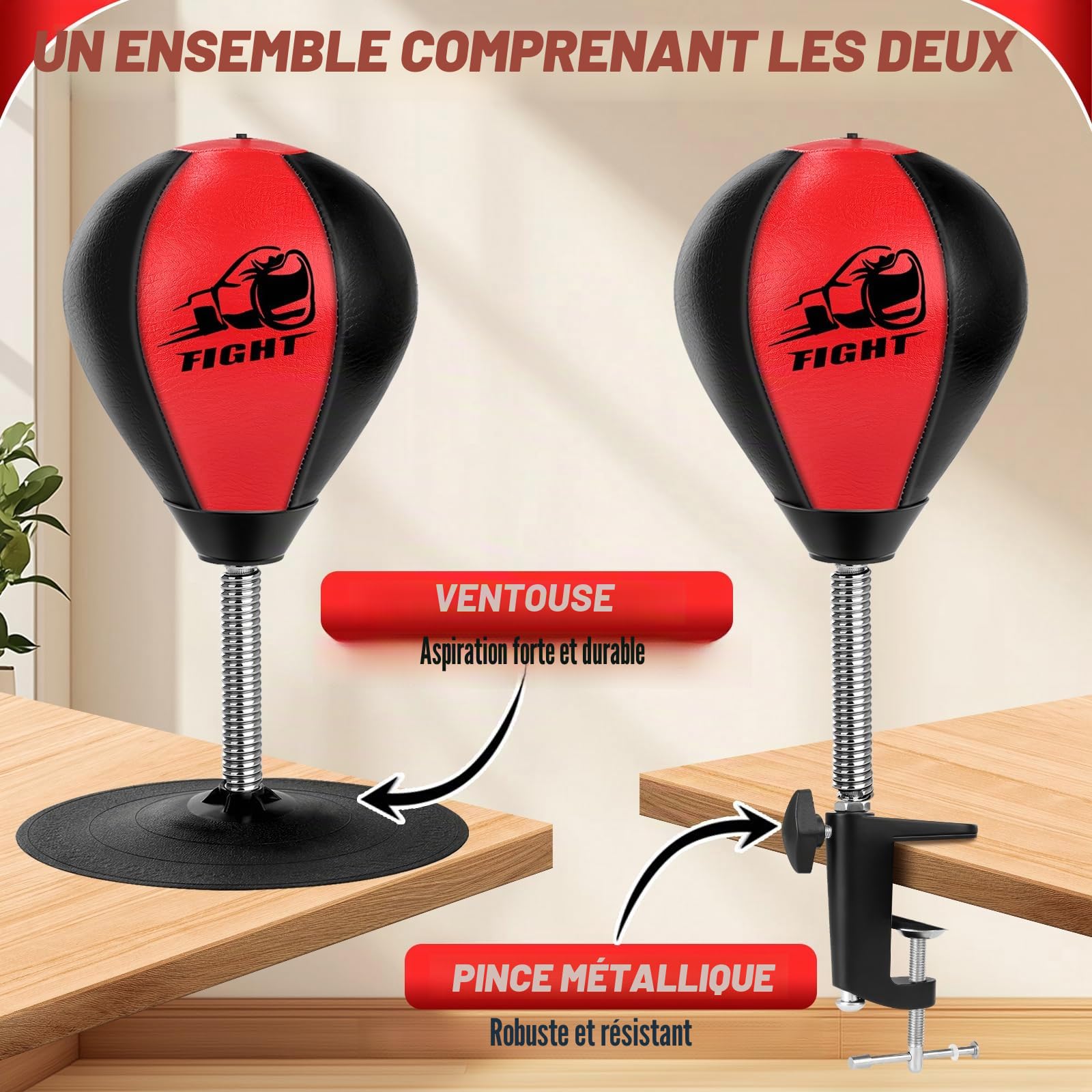 NZQXJXZ Sac de Frappe de Bureau, Sac de Boxe de Bureau, Punching Ball avec Ventouse Super Résistante et Pince de Bureau pour Table et Comptoirs de Bureau, Cadeau Amusant pour Amis ou Collègues