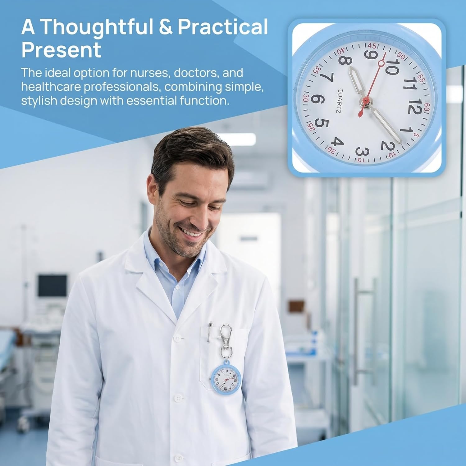 Nurse Pocket Watch Lightweight Metal Clip-on Watch with Easy-Read Dial for Professionals and Hospital Use