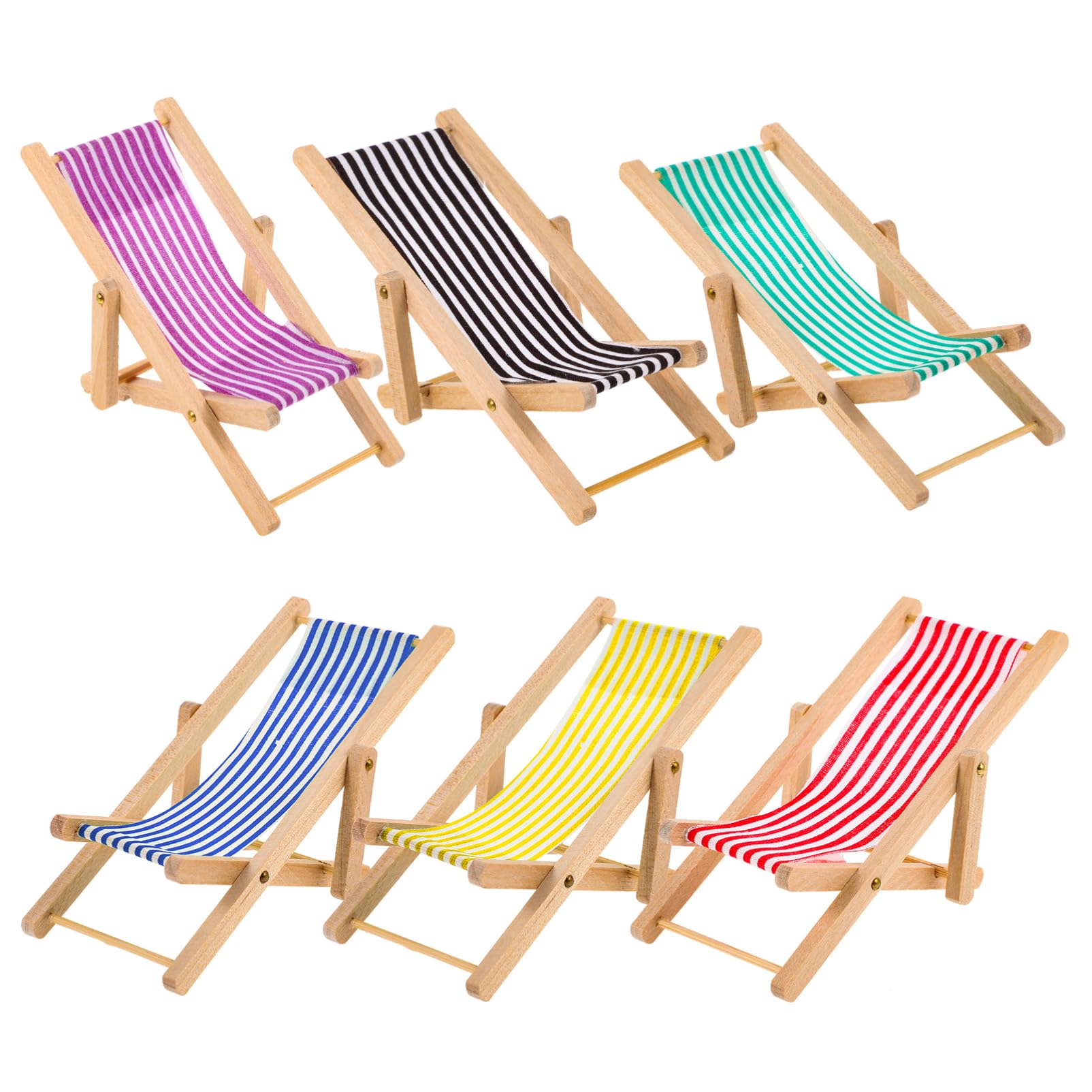 ibasenice 6 Pièces Miniature Chaise de Plage Pliable en Bois et Tissu, Transat Miniature 1:12 pour Maison de Poupée, Accessoire Décoration Micro Paysage, Couleurs Mixtes
