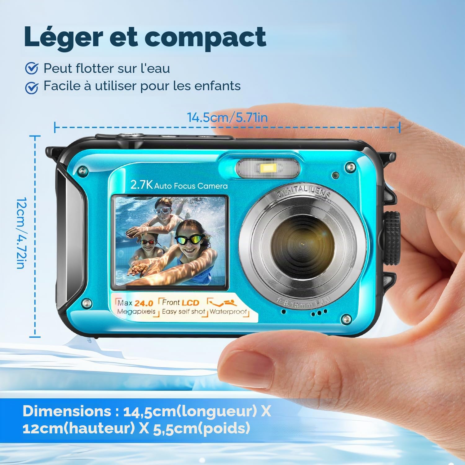 Caméra sous-marine, Full HD 2,7 K 24 MP étanche, appareil photo compact étanche 10 ft, zoom numérique 16x, appareil photo numérique anti-tremblement pour enfants, adolescents, débutants