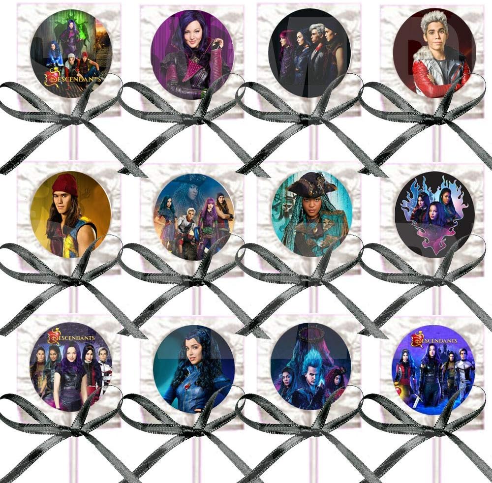 Descendants Lollipops Party Favors Decorations Movie Lollipops w/ Black Ribbon Bows Party Favors -12,Halloween Evie Mal Carlos Audrey Ben Jay Evil Queen Malificent Jafar Cruella De Vil