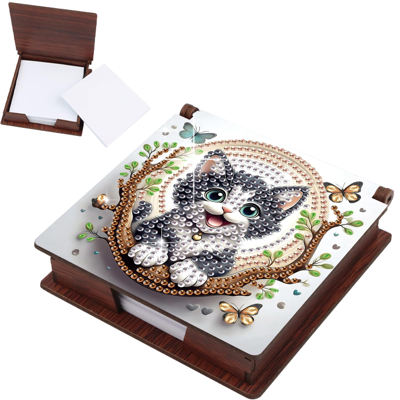 JISHSHAY Diamond Painting Note Box Cat Butterfly Diamond Art Notecard Box Gem Art Sticky Note Holder Gem Painting Embroidery Kit Mosaic Kits for Adults Memo Pad Holder, Contains 160 Sheets of Paper