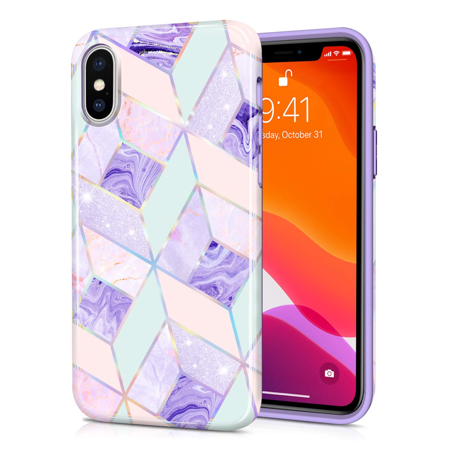 Caoume Iphone X Xs Case Holographic Geometric Marble Design Purple