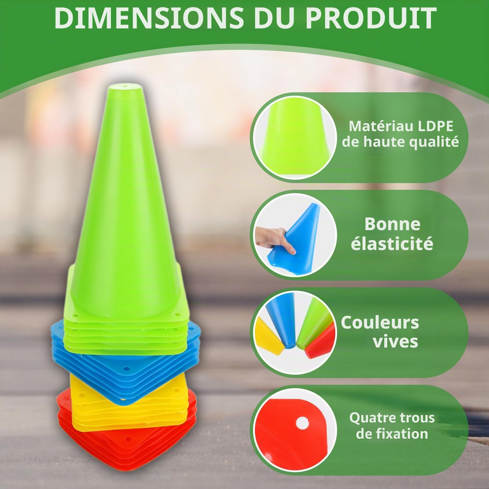 AKOLAFE Lot de 24 Cônes d'Entraînement 23x13.5cm Plots de Marquage en LDPE Souple et Incassable Plot Sport de 4 Couleurs avec Sac de Transport Cône de Signalisation pour Football Roller Agilité École