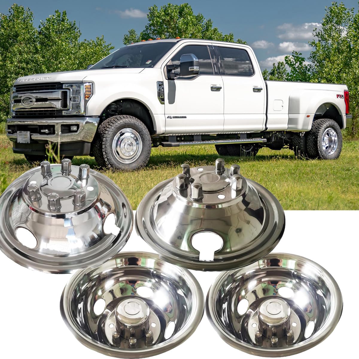 4pcs 16" 304 Polished Stainless Steel Wheel Simulators for 74-98 F350