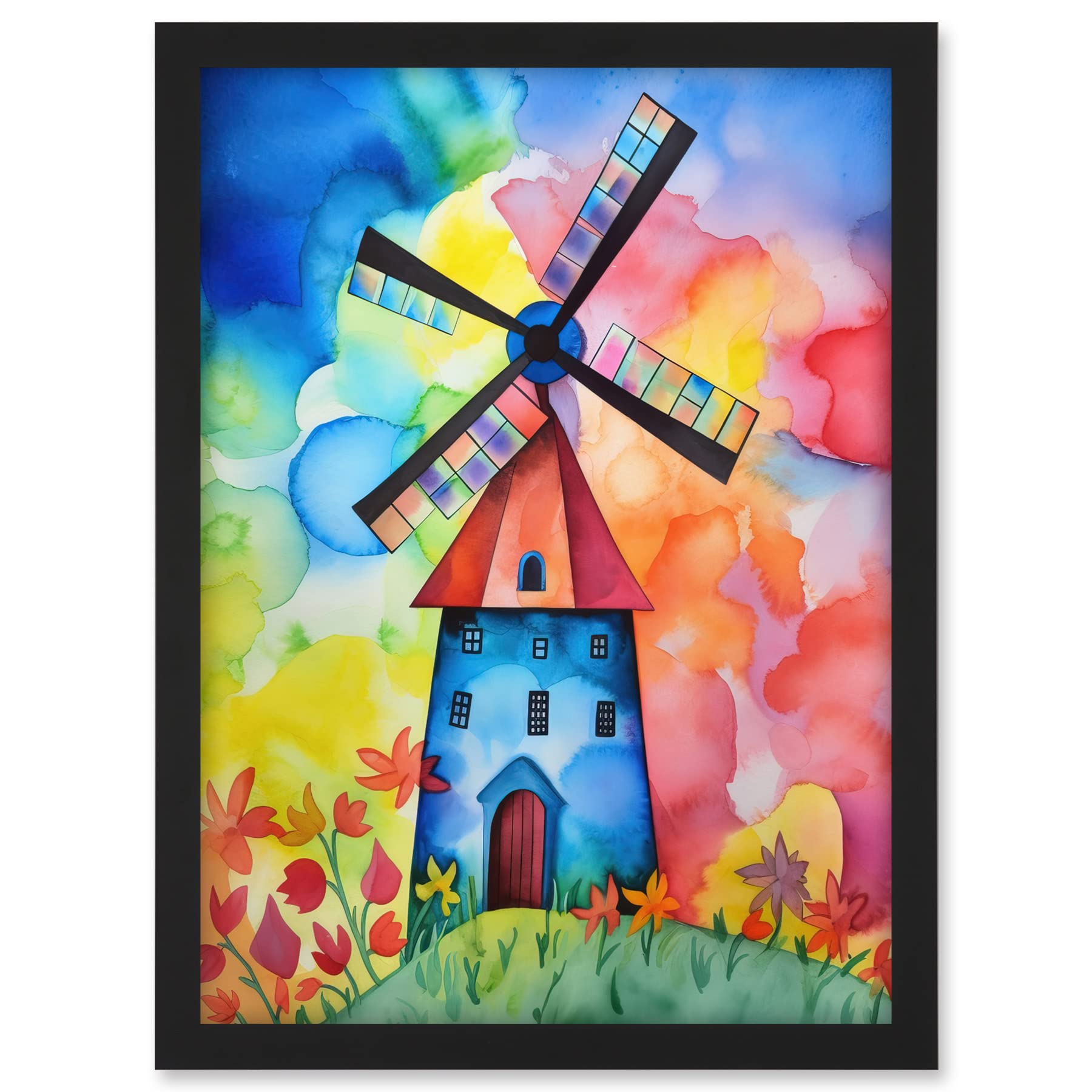 Artery8 Watercolour Windmill Netherlands Folk Art Artwork Framed A3 Wall Art Print