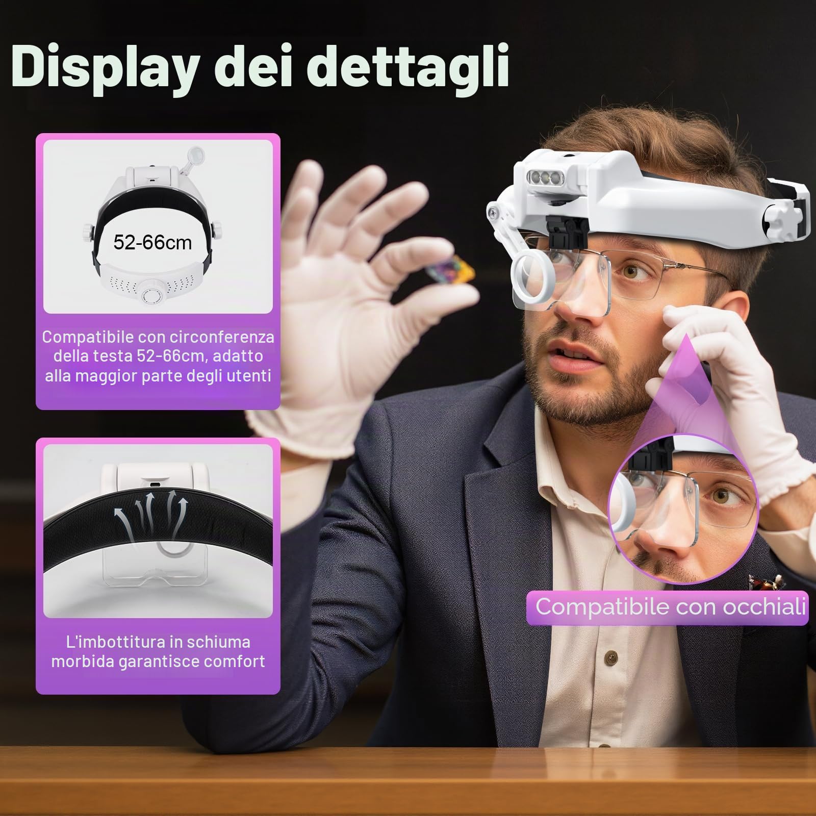 Lente ingrandimento con Luce, Occhiali Ingrandimento con Luce 3 LED USB Charge 5 Lenti Intercambiabili 1.0X 1.5X 2.0X 2.5X 3.5X per Modellismo, Riparazione Orologi, Ricamo,Piccoli Lavori di Miniatura