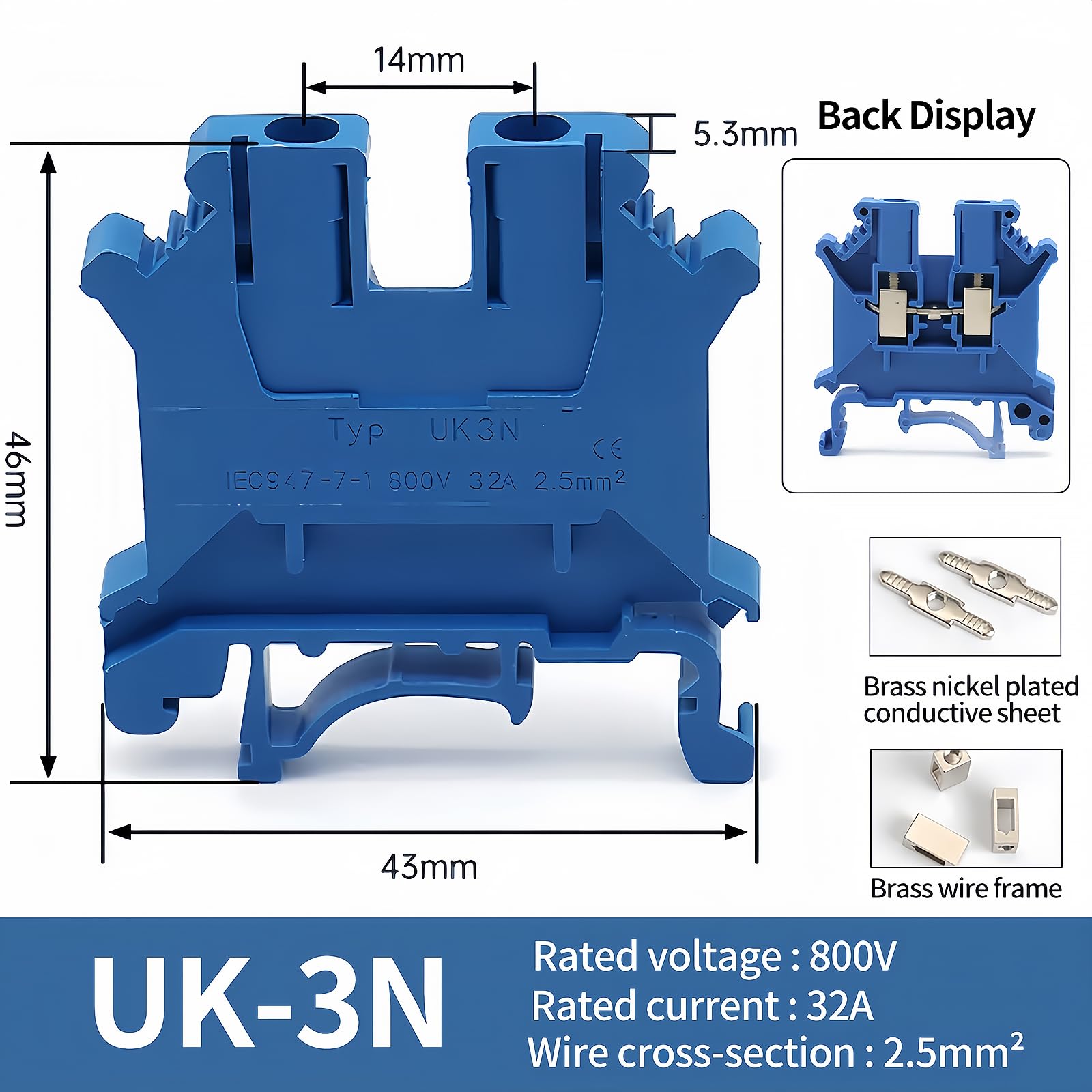 100PCS UK3N Terminal Block Screw Clamp Connector DIN Rail Universal Brass Wiring Voltage Terminal (Blue × 100Pcs)