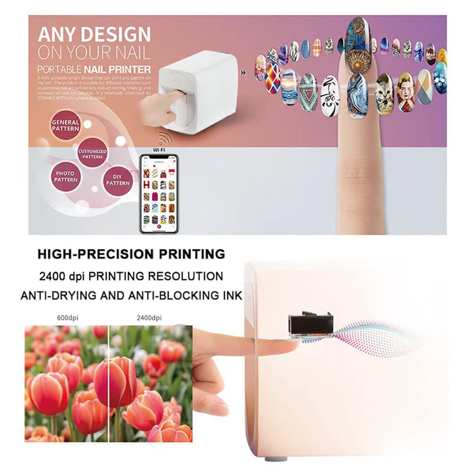 Stampante per nail art - Stampante mobile digitale 3D, connettività WiFi/USB, risoluzione 2400 DPI, modelli fai da te, stampa veloce in 25 secondi, ideale per bambini e studi di manicure