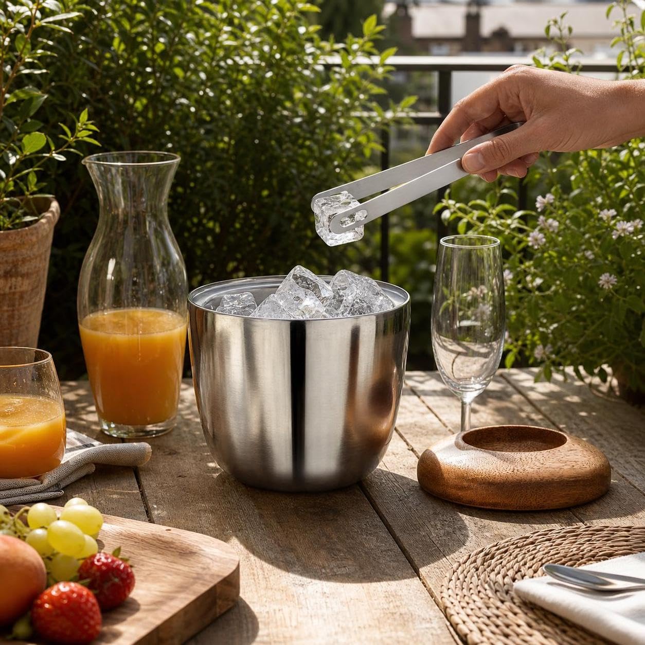Cubitera Acero Inoxidable con Tapa y Pinzas para Hielo, Estilo Europeo, para Camping