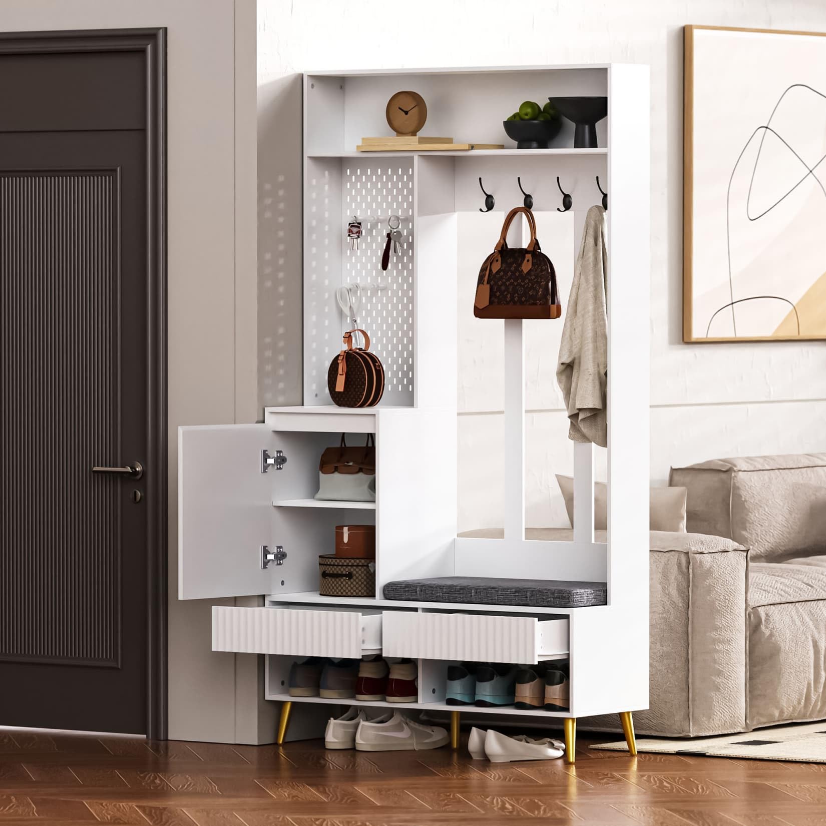 Meuble D’Entree 100x35x180cm,Vestiaire D'entrée,Porte Manteau avec Banc Rembourré,Rangement Chaussure,2 Tiroirs,4 Crochets,Étagère Ouverte,Panneau Perforé,pour Couloir (E-Blanc)