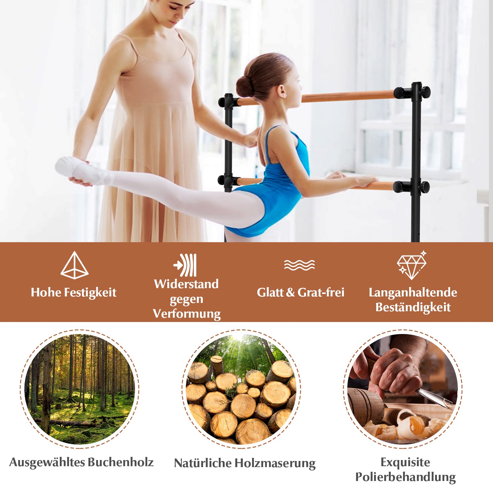COSTWAY 120 cm vrijstaand, ballet bar in 4 standen in hoogte verstelbaar, ballet barre met 2 houten stangen, stretchstaaf tot 50 kg belastbaar, ideaal voor kinderen en volwassenen