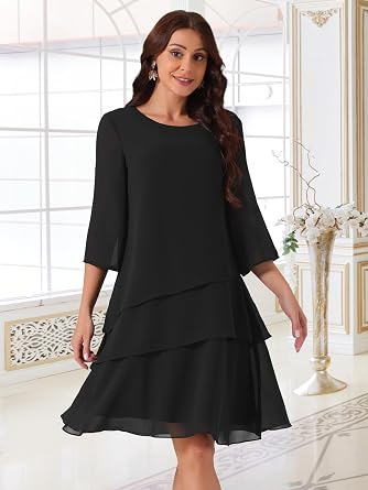 Seta T Women's Chiffon Dresses 3/4 Bell Sleeve Crewneck Tiered Layered Flowy Dress Party Wedding Outfits
