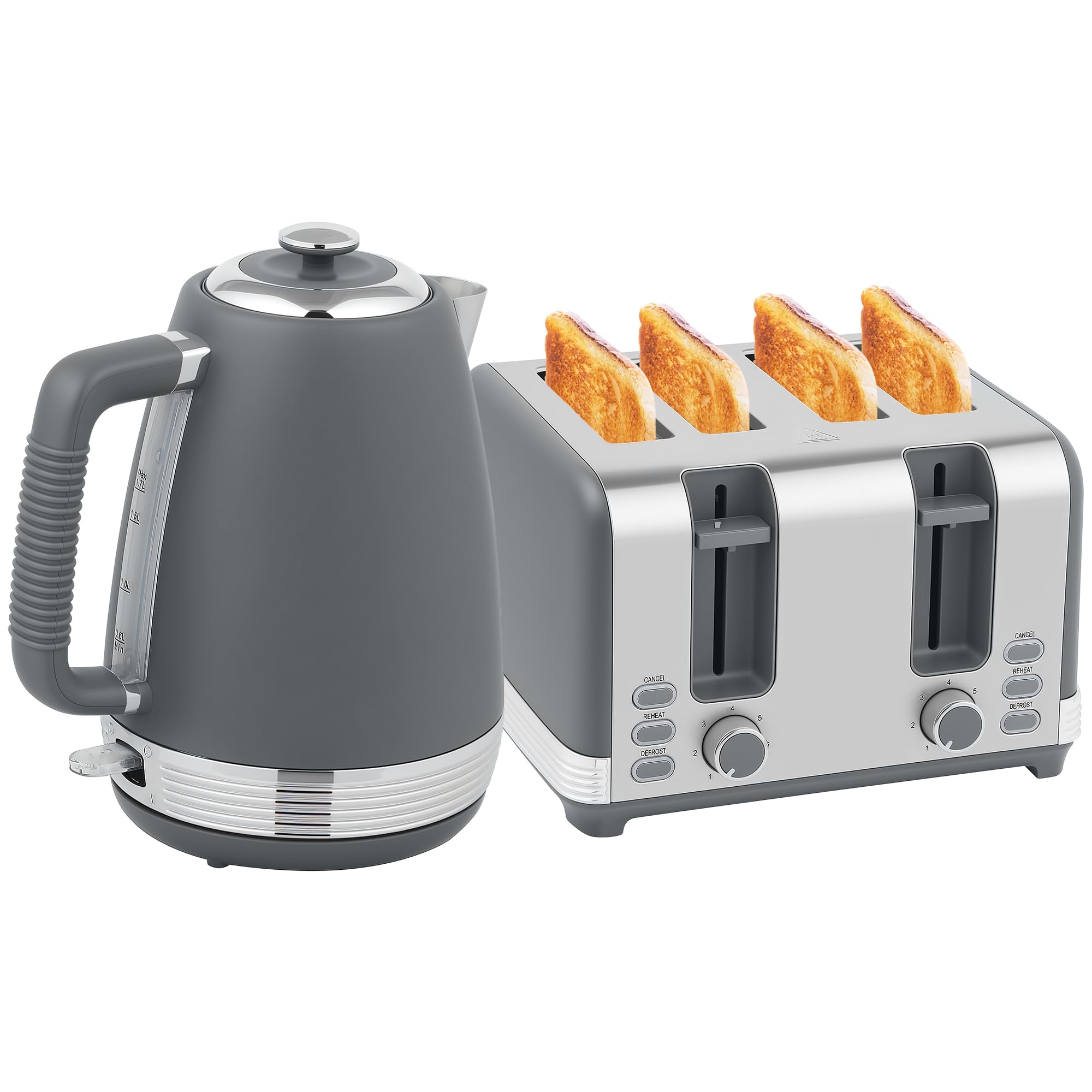 HOMCOM 1.7L 3000W Quick Boil Kettle & 4 Slice Toaster Set - Grey Stainless Steel