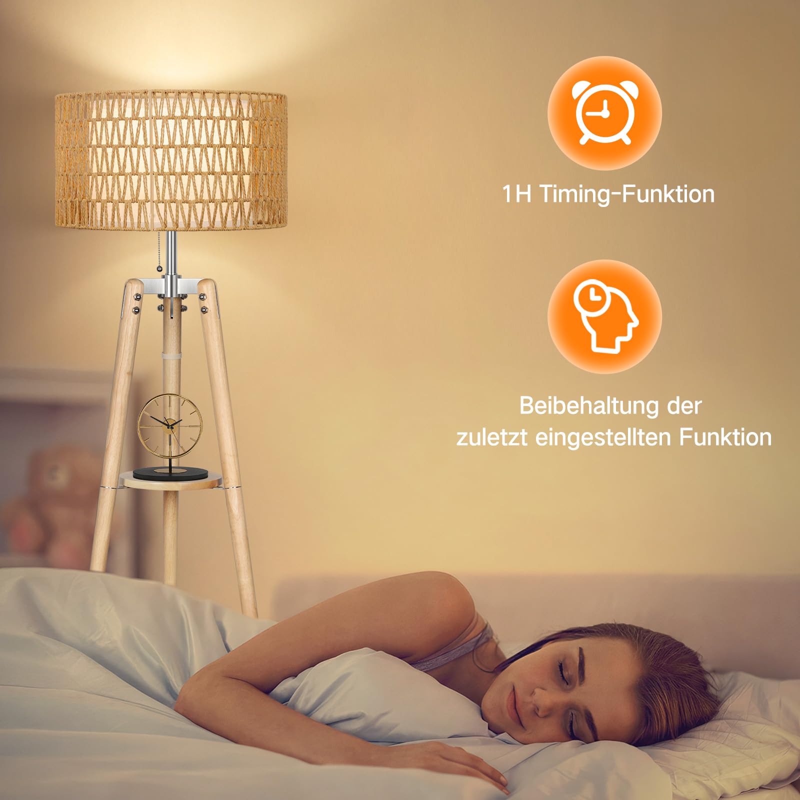 OUTON LED Stehlampe Dimmbar Dreibein Holz mit Regal,Fernbedienung,4 Farbtemperatur,1 Stunde Timerfunktion,Stativ Stehleuchte mit zwei Lampenschirmen,geeignet für Wohnzimmer, Schlafzimmer(Holzfarbe)