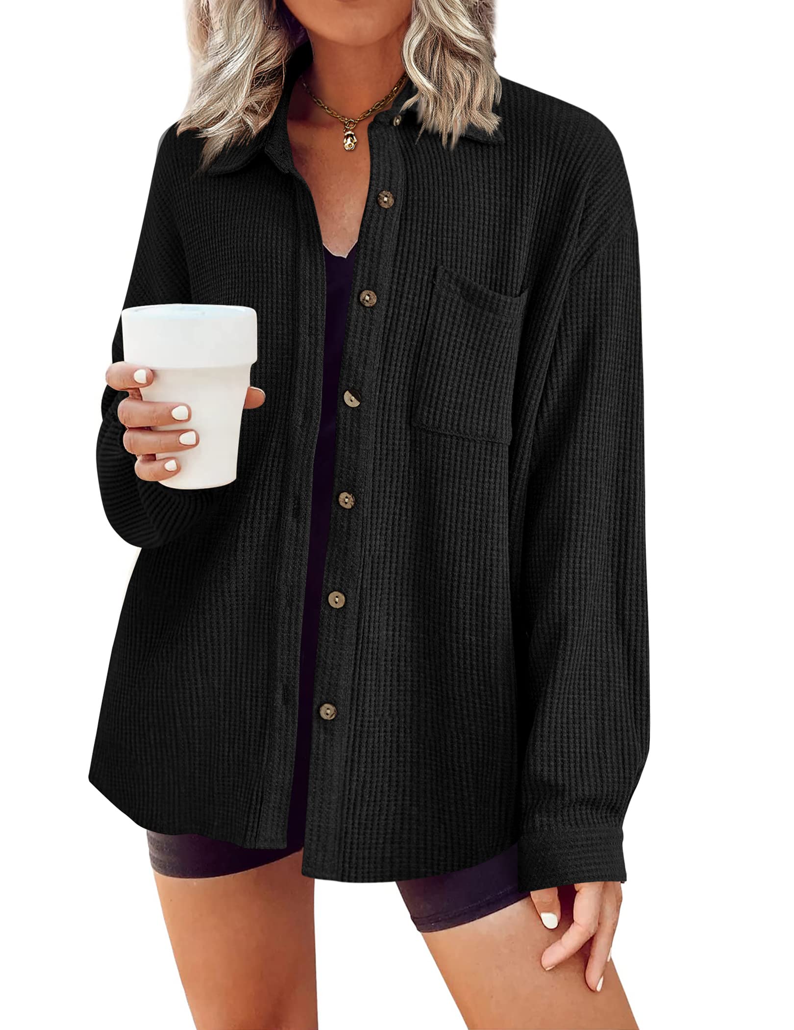 HOTOUCH Waffle Button Down Shirts for Women Dressy Casual Work Shacket V Neck Long Sleeve Lightweight Tops with Pocket
