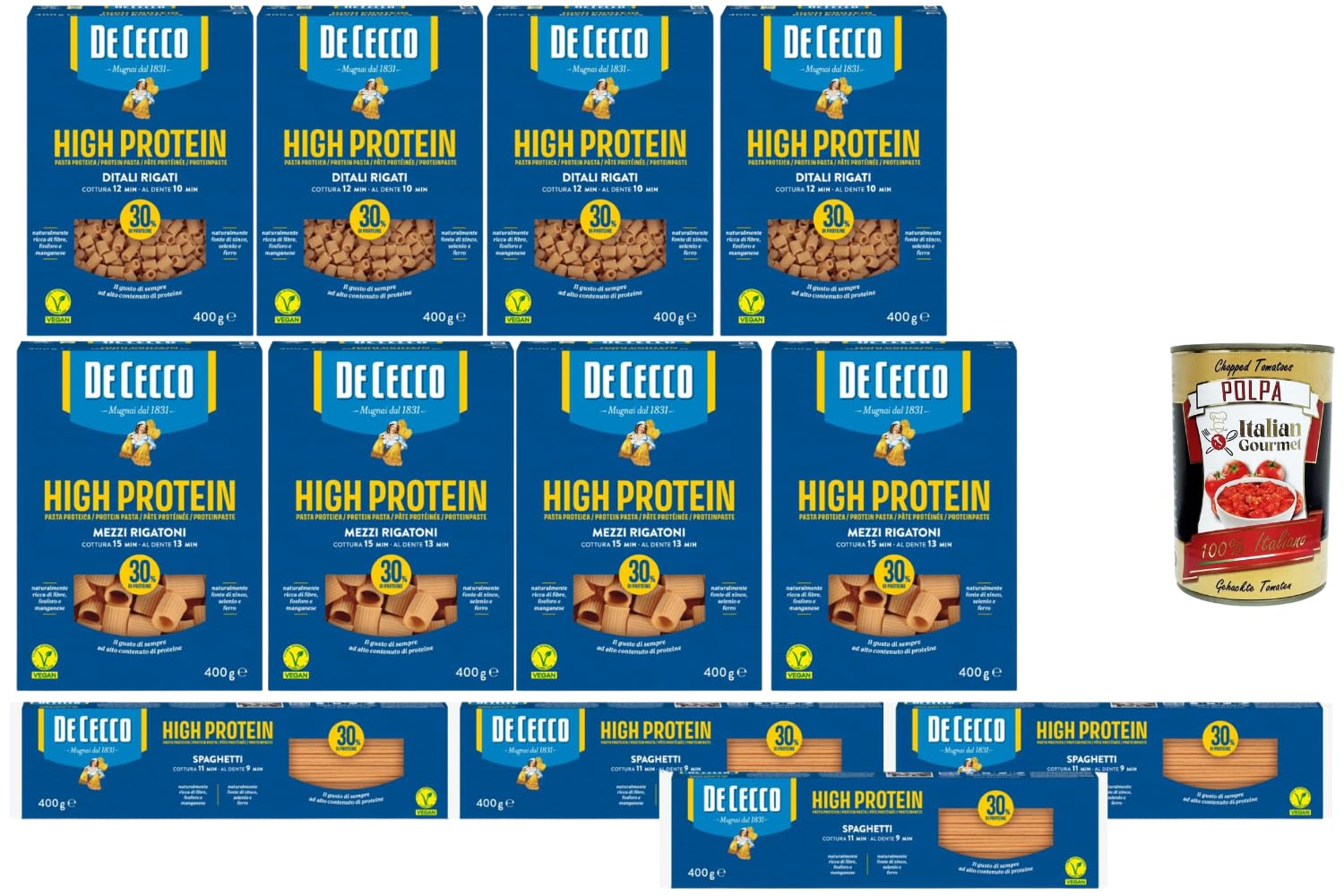 Italian Gourmet Bundle 12x High Protein Pasta 400 g + Italian Gourmet Polpa, Ditali Rigati + Mezzi Rigatoni + Spaghetti, proteinreiche Pasta, 30% Protein, vegan, Vorratspack 4,8 kg