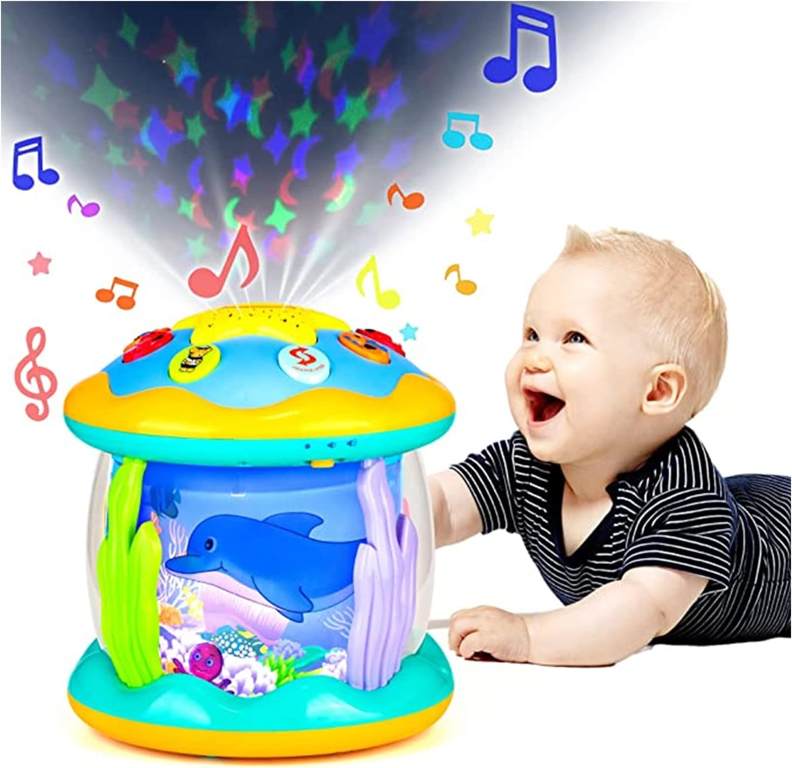 4 in 1 Musical Baby Toys for Toddlers, Projector Ocean Rotating Tummy Time, Developmental Montessori Light Up Toys for 0-3 3-6 12-18 Months Babies Gifts