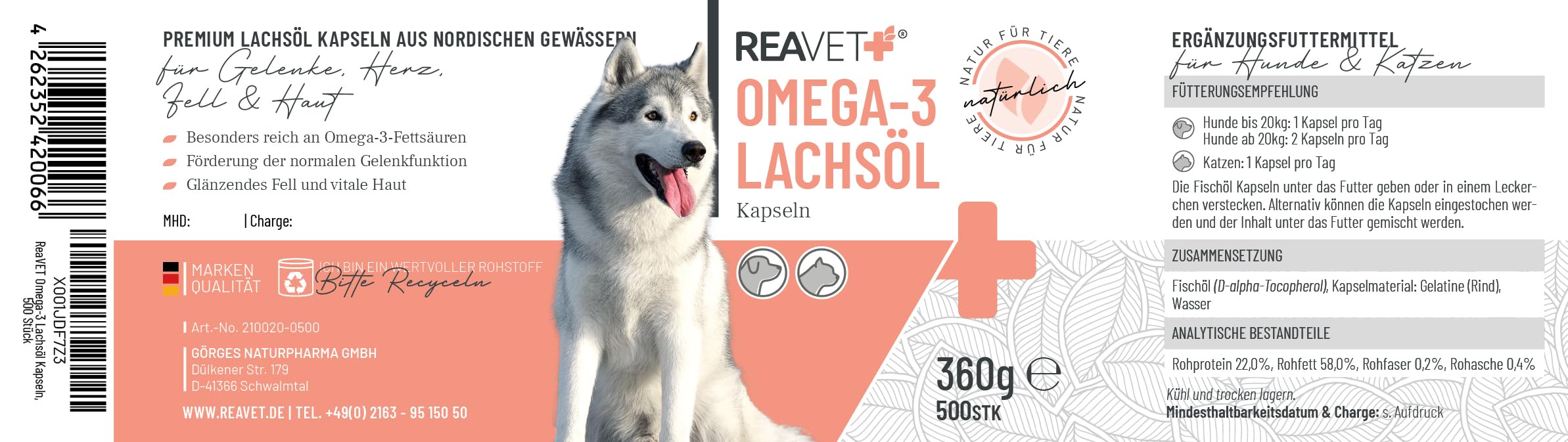 ReaVET Lot de 500 capsules d'huile de saumon pour chien - Omega 3 - Huile de saumon pour chien - Huile de poisson hautement dosée de qualité alimentaire