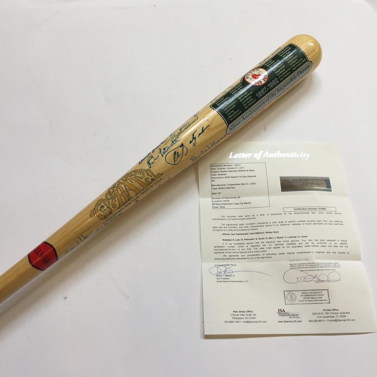 1967 Boston Sox AL Champs Team Signed Baseball Bat Carl Yastrzemski JSA COA - Autographed MLB Bats