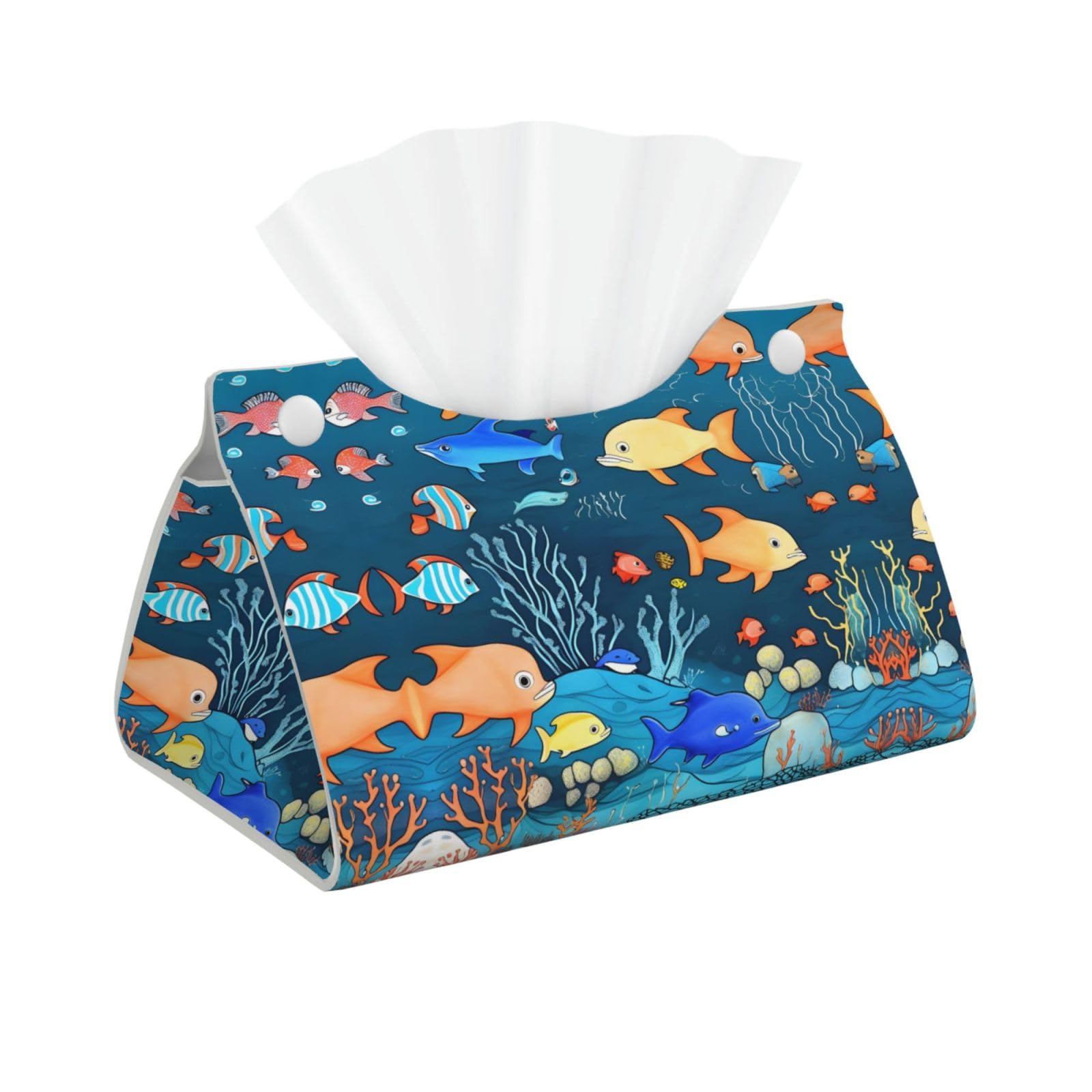 Blue Underwater World of Fish Print Long Tissue Box Cover Holder Foldable Leather Organizer for Vanity, Nightstand, Desk & Bathroom