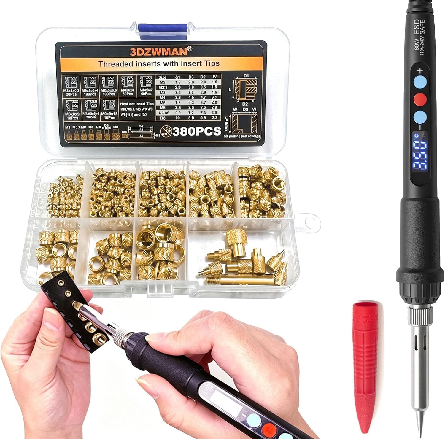 Kit d'outils d'insertion thermique, écrous en laiton, impression 3D, 60 W, fer à souder numérique, 380 pièces, inserts filetés M2-M8