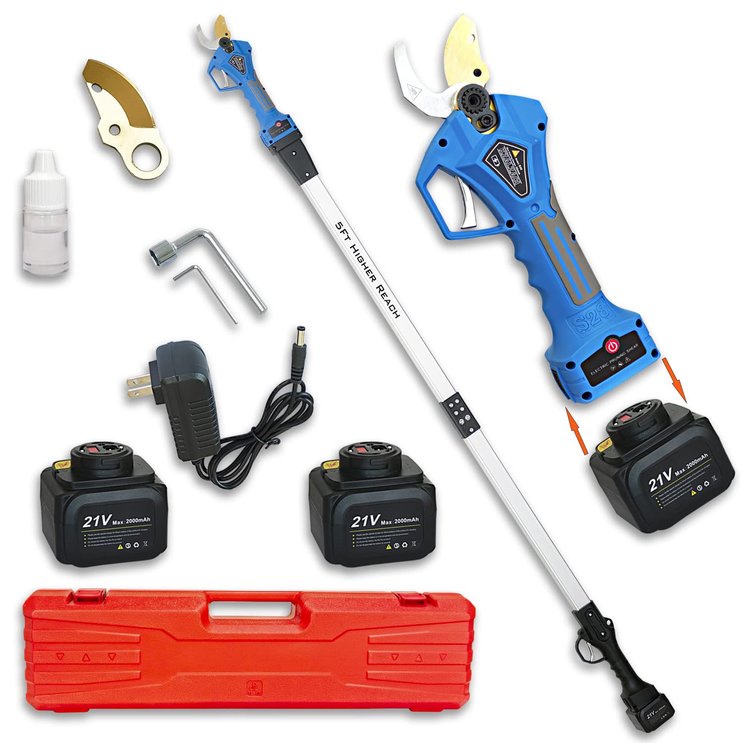 Cordless Prunning Shears, ELectric Prunner 30mm(1.2inch) Cutting Diameter, with 5 Feet Extension Pole, 2Pcs 2.0Ah Lithium-ion Battery, Spare Titanium Plated SK5 Blade