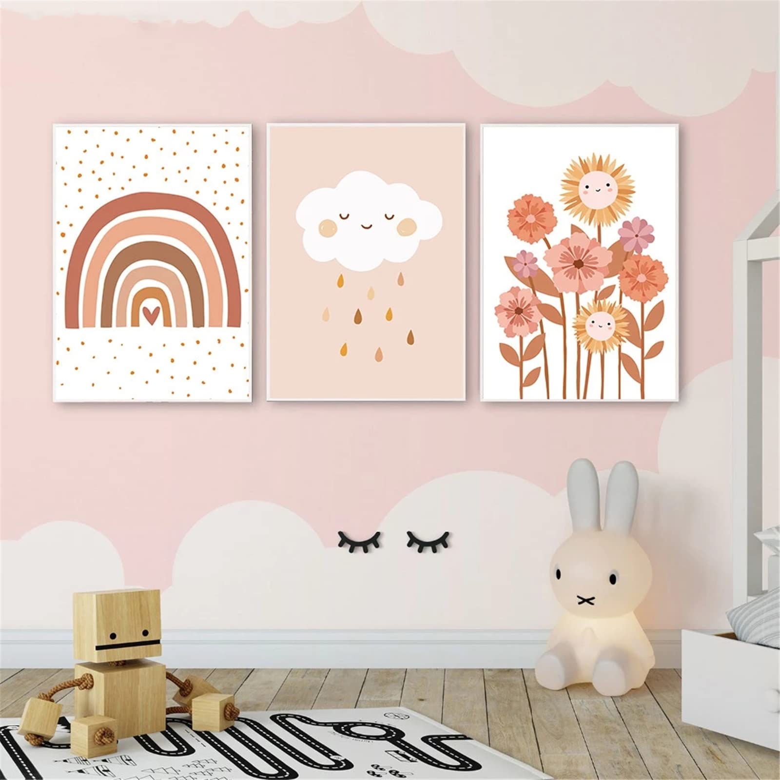 Lot De 3 Posters Bébé Arc-en-Ciel Nuage Bohème – Décoration Murale Chambre Enfant 40x50 Cm Sans Cadre