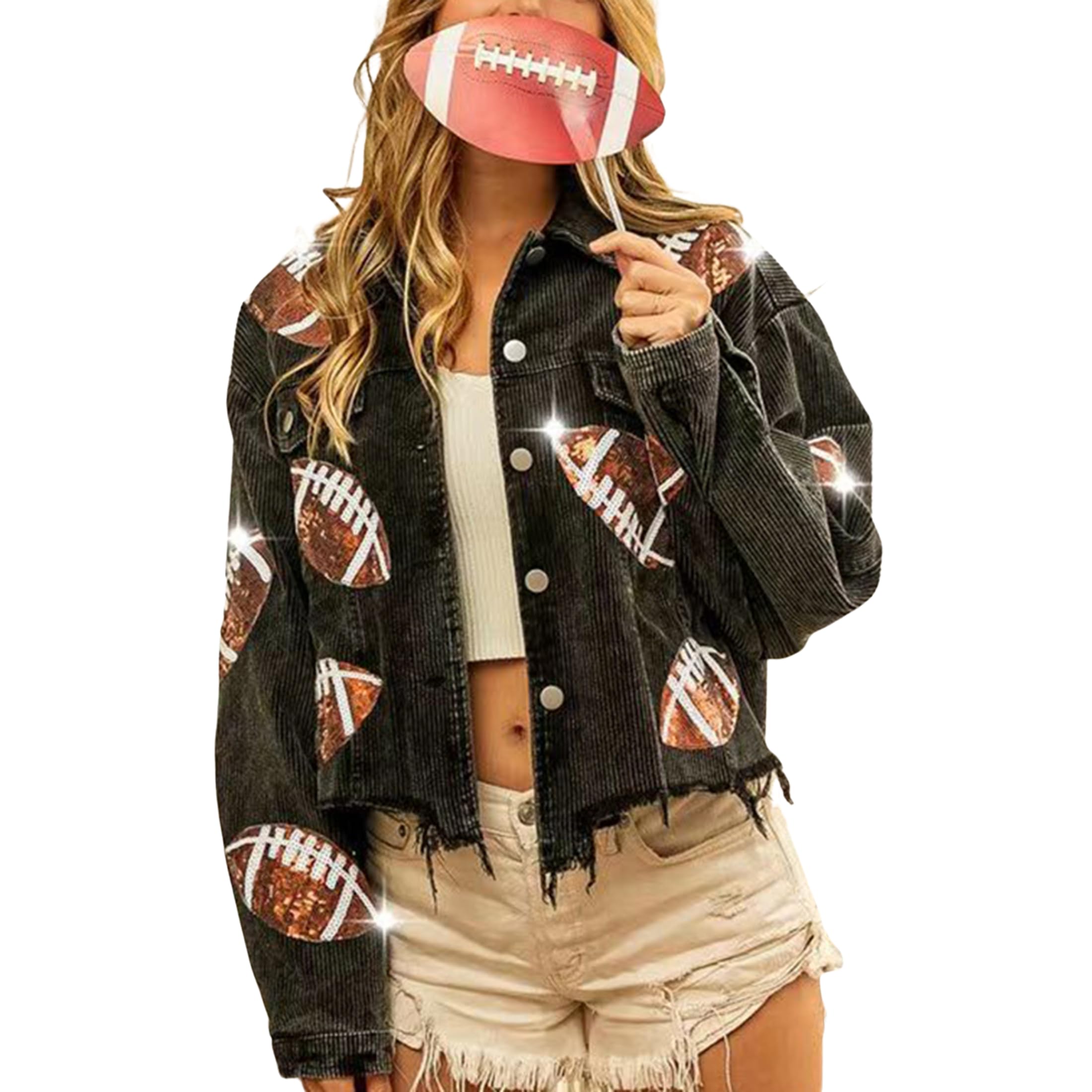 SeekMeWomen's Cropped Corduroy Jacket Football Sequin Patched Short Button Raw Hem Jacket Coat