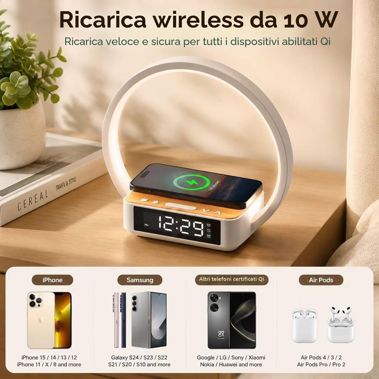 Lampada da comodino con Caricabatterie Wireless veloce,10 W Lampada da Tavolo a Led con Touch dimmerabile Sveglia, orologi con 3 Livelli Di Luminosità per camera da letto/studio